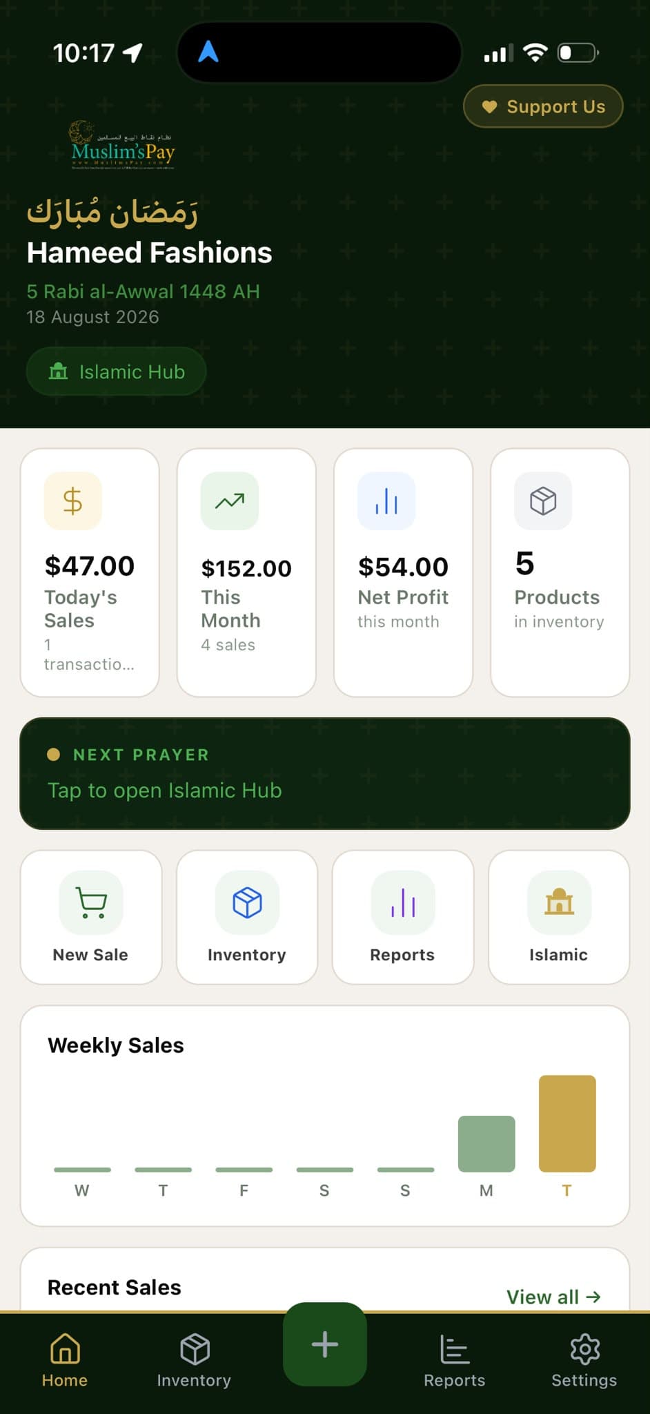 MuslimsPay app — home dashboard showing today's sales, inventory and weekly performance
